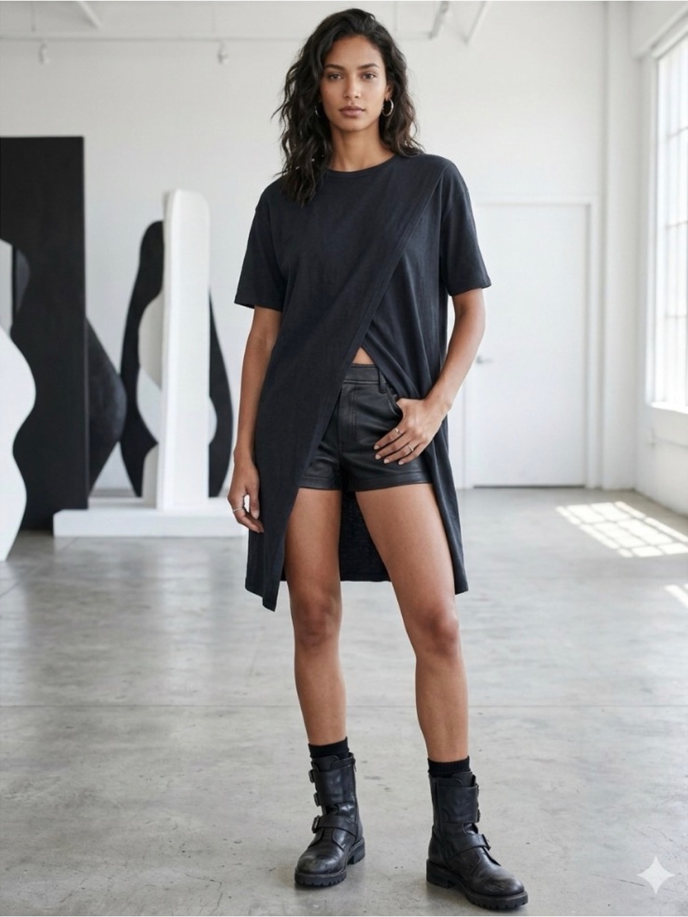 OSE Edgy Black Asymmetrical Slit Open Front Relax Long Length Modern Tunic Tee L